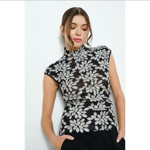 NWT Boutique Amaya High Neck Sheer Mesh Embroidered Top – Black/Silver